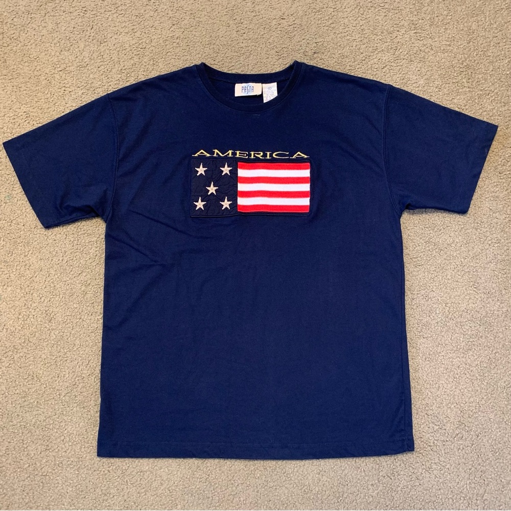 Womens vintage 90s Pasta navy blue embroidered American flag graphic T-shirt top